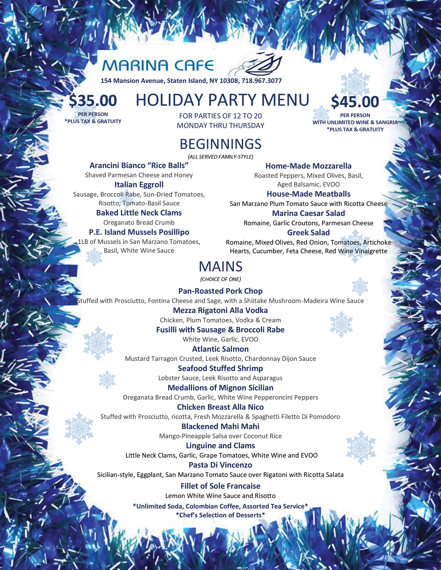 Prix Fixe Holiday Menu - Marina Cafe