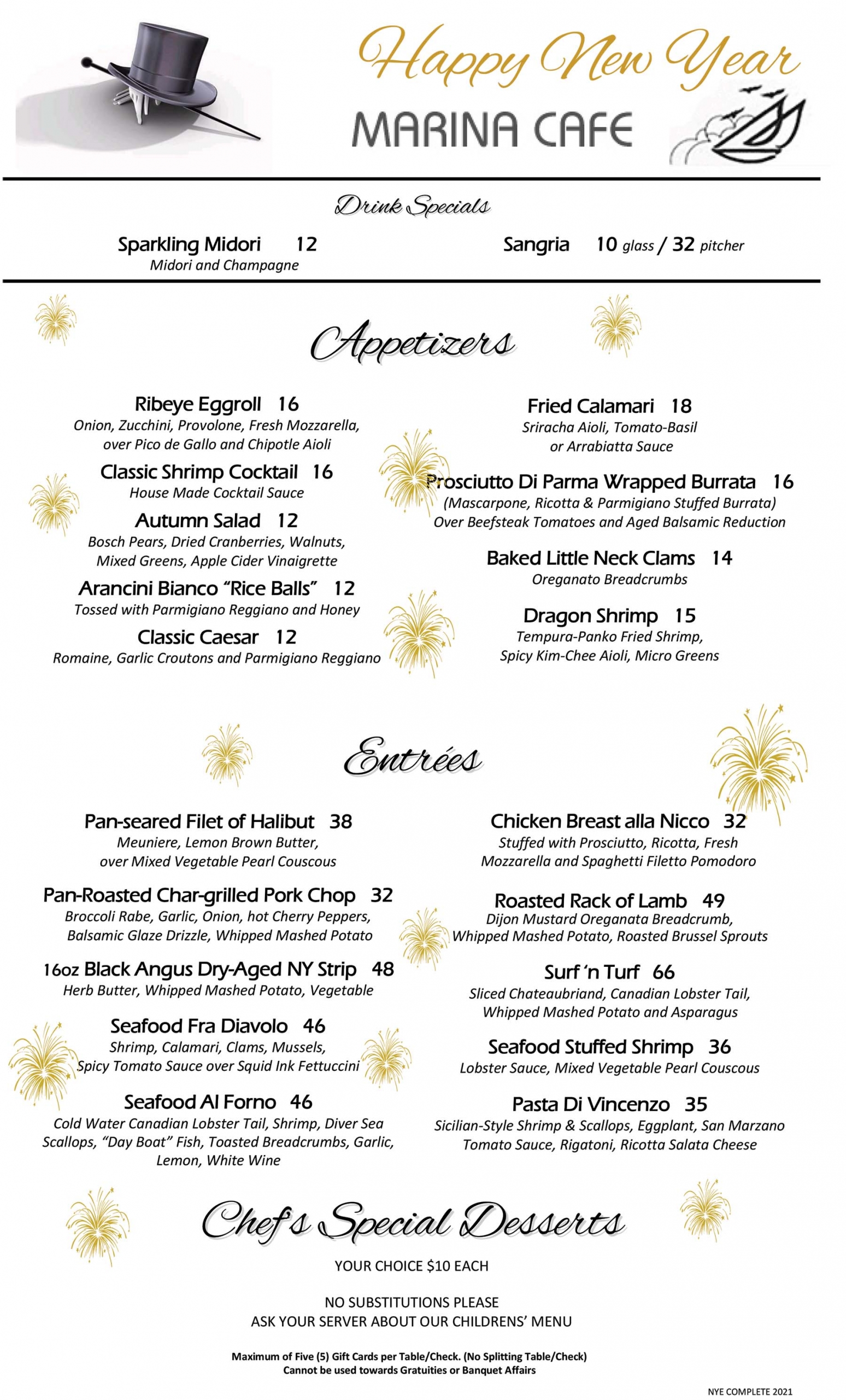 Marina Cafe's New Year's Eve Lunch and Dinner Menu 2021