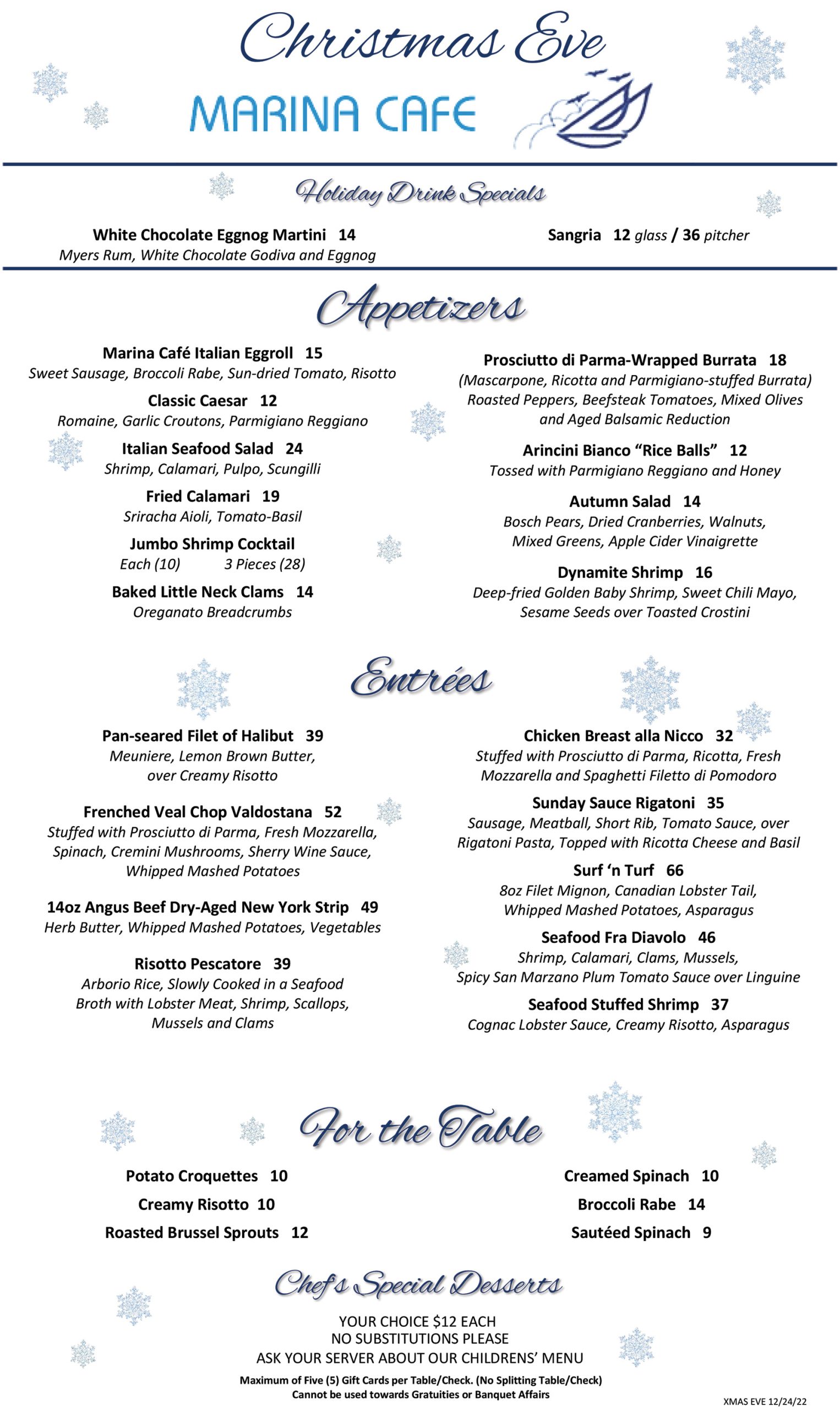 Christmas Eve Menu Marina Cafe