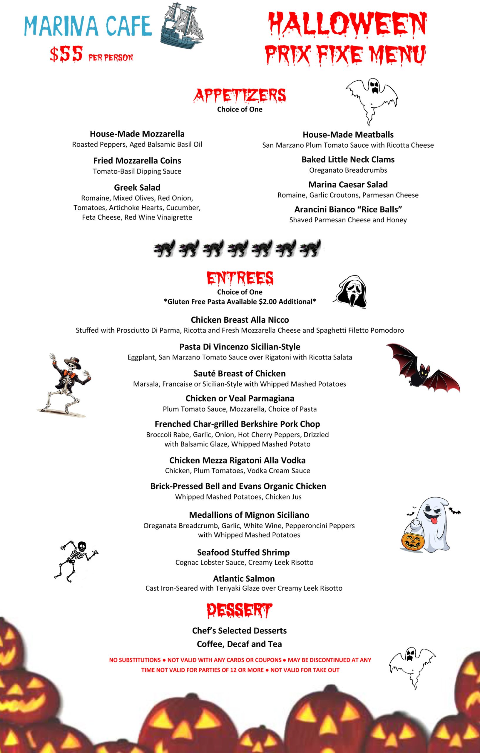 Staten Island Halloween Party Menu from Marina Cafe 2023. Call (718) 967-3077 for details.