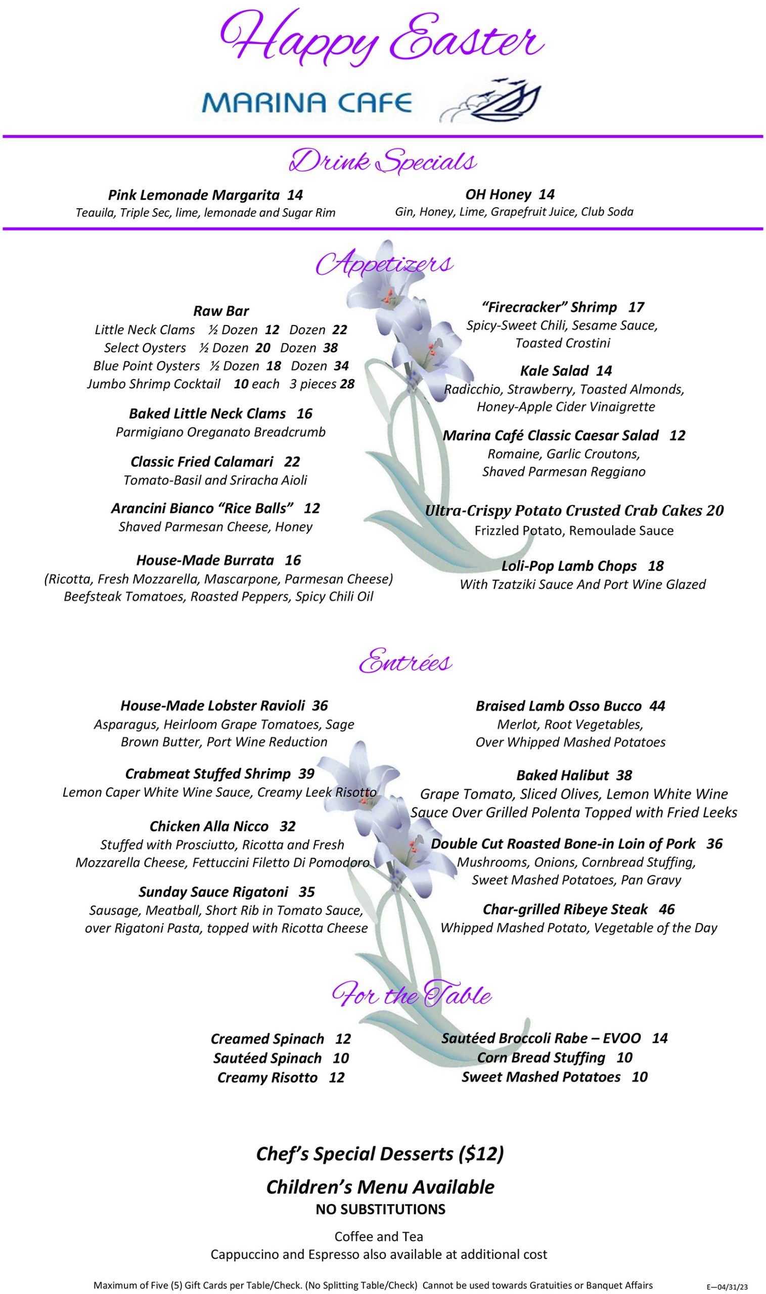 Easter 2024 Special Menu at Marina Cafe featuring a selection of appetizers, main courses, and desserts set against a festive Easter-themed backdrop with pastel decorations.