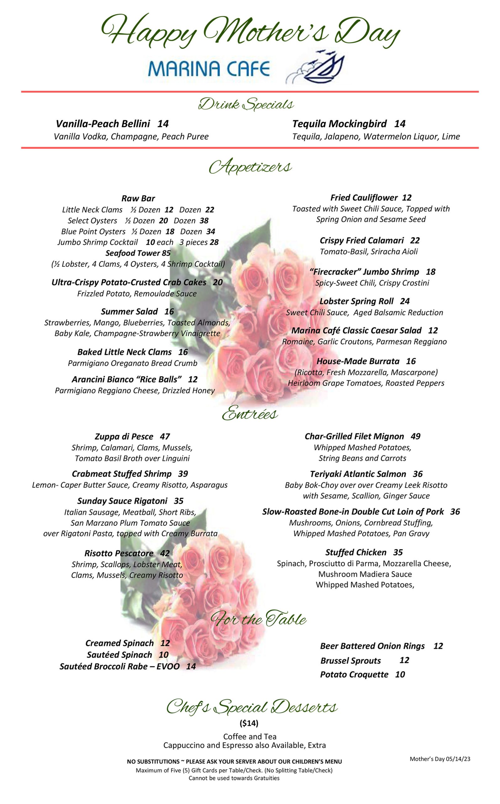 2024 Mother's Day Menu at Marina Cafe Staten Island with Specials on Seafood and Italian Cuisine