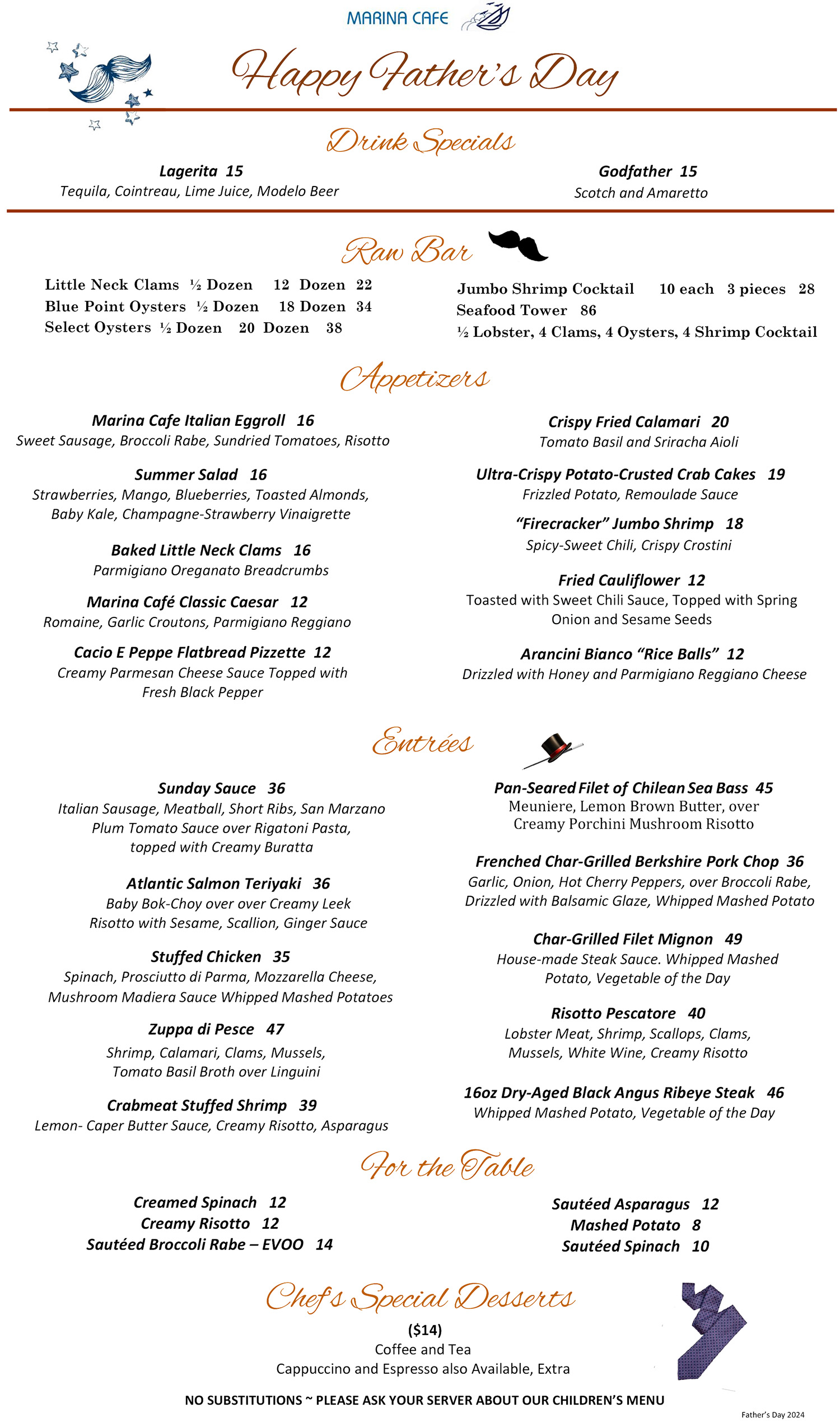 Father's Day Lunch and Dinner menu at Marina Cafe on Staten Island
