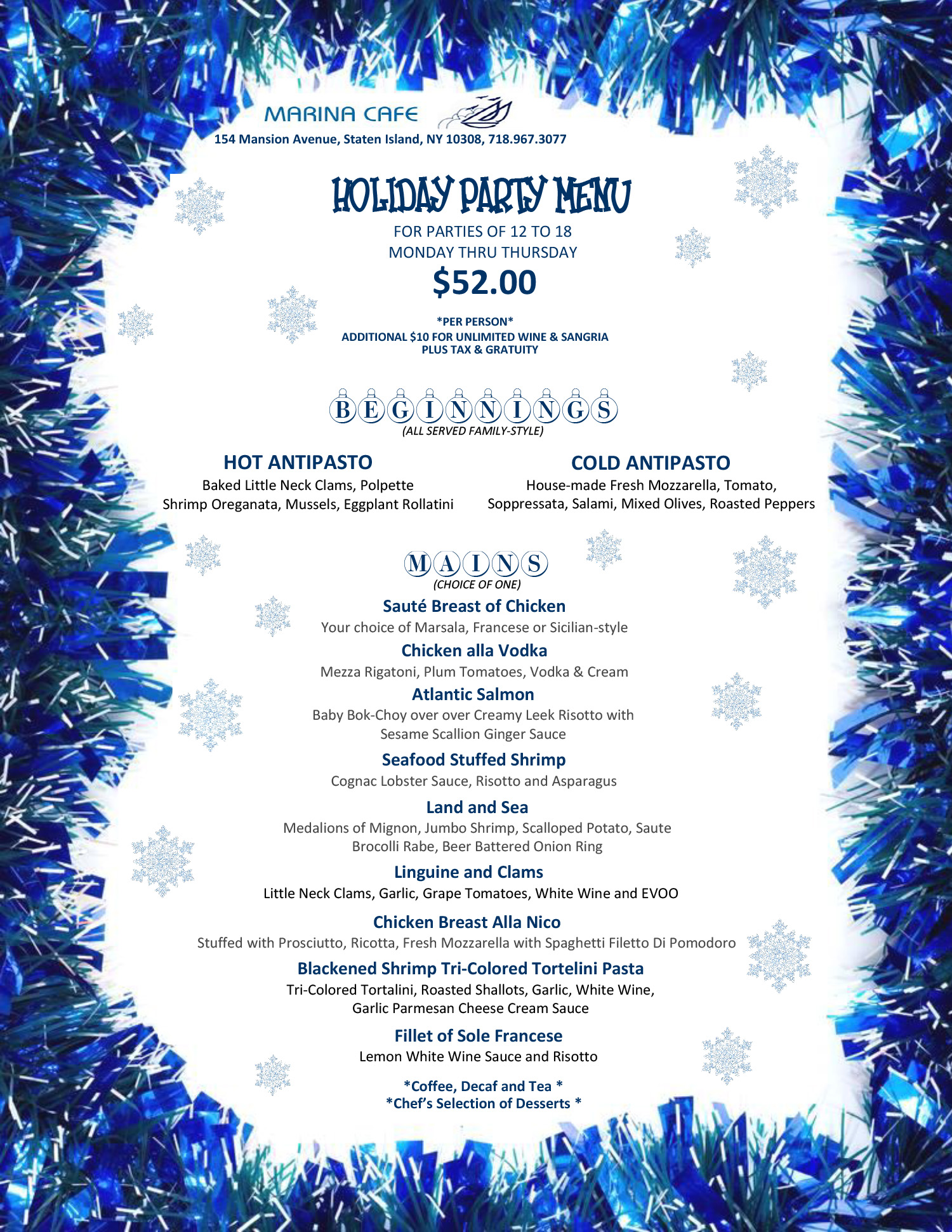 Marina Cafe's 2023 Holiday Party Menu