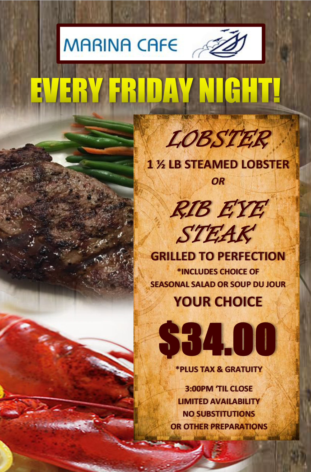 Marina Cafe's Lobster Friday Promotion Flyer - For More information, please Call.