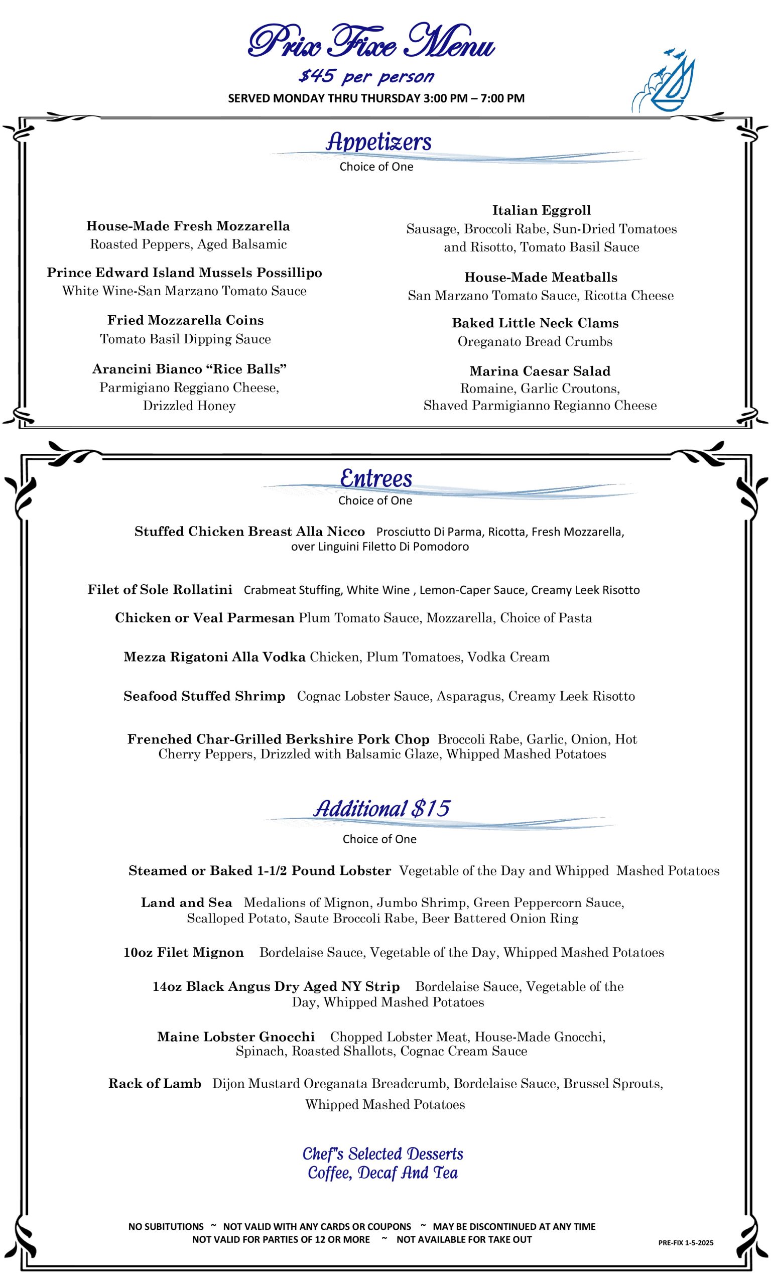 Marina Cafe Staten Island Prix Fixe Menu featuring appetizers, entrees, and chef-selected desserts, served Monday through Thursday from 3:00 PM to 7:00 PM for $45 per person.