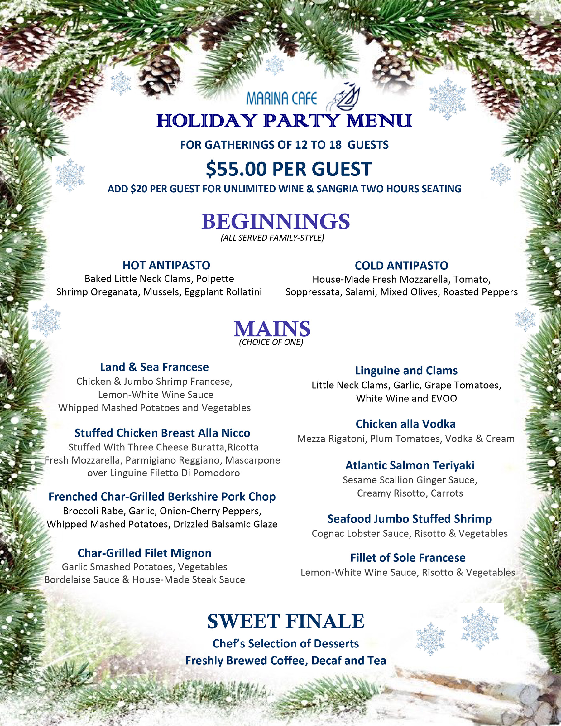 2025 Holiday Party Catering Menu at Marina Cafe for groups of 12 to 18 guests, featuring family-style antipasto, entrées like Filet Mignon and Chicken Francese, plus desserts and optional wine.