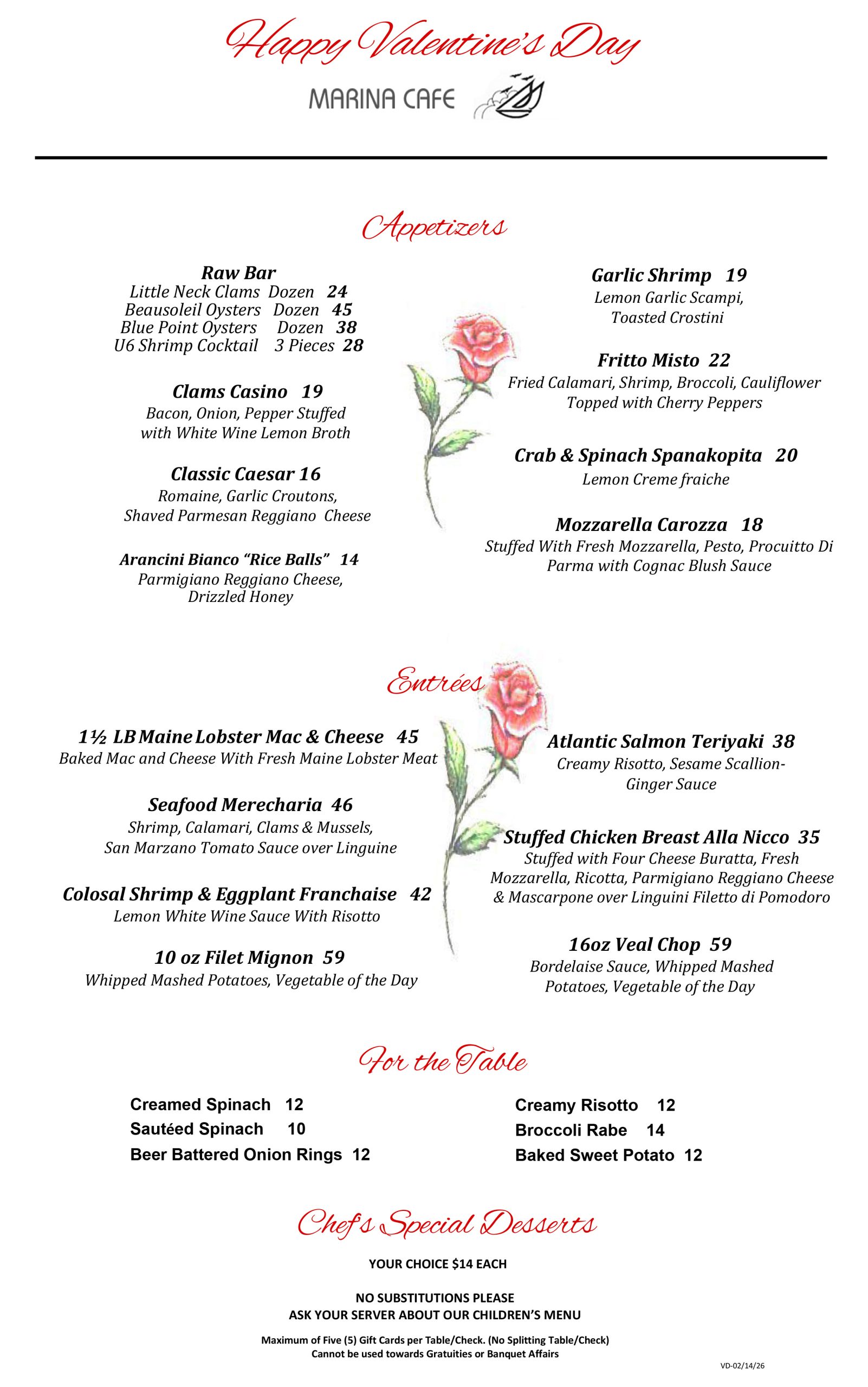 Valentine’s Day 2026 menu from Marina Cafe featuring appetizers, entrées, sides, and chef’s desserts.