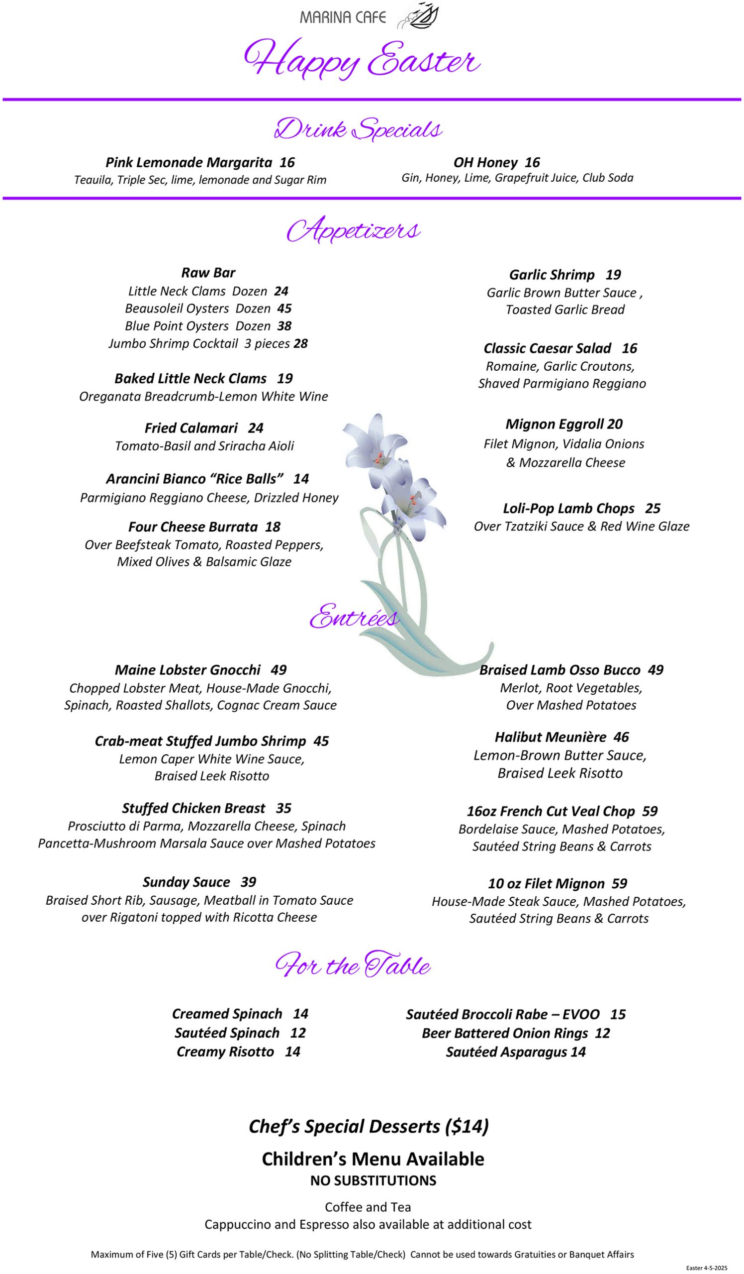 Easter 2024 Special Menu at Marina Cafe featuring a selection of appetizers, main courses, and desserts set against a festive Easter-themed backdrop with pastel decorations.
